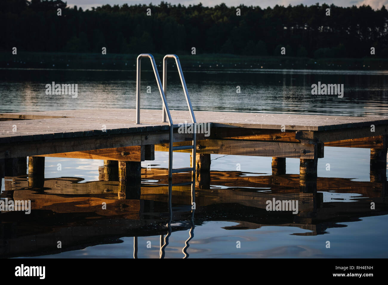 Dock avec échelle sur le lac, Barnim, Mecklenburg-Vorpommern, Allemagne Banque D'Images