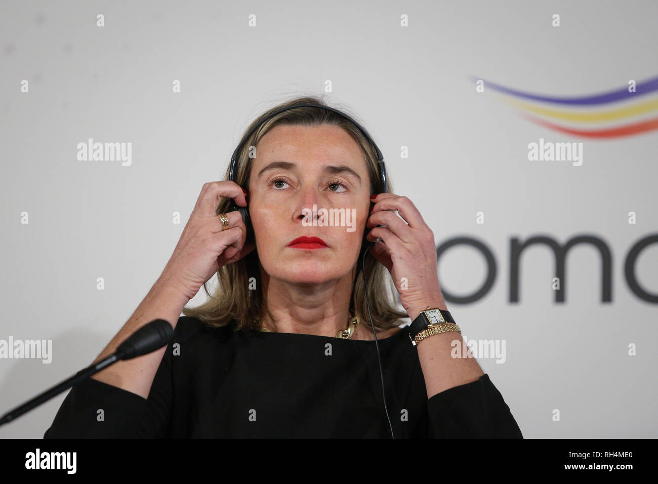 Bucarest, Roumanie - 24 janvier 2019 : Federica Mogherini, Haut Représentant pour les Affaires étrangères et la politique de sécurité participe à une conférence de presse du Banque D'Images