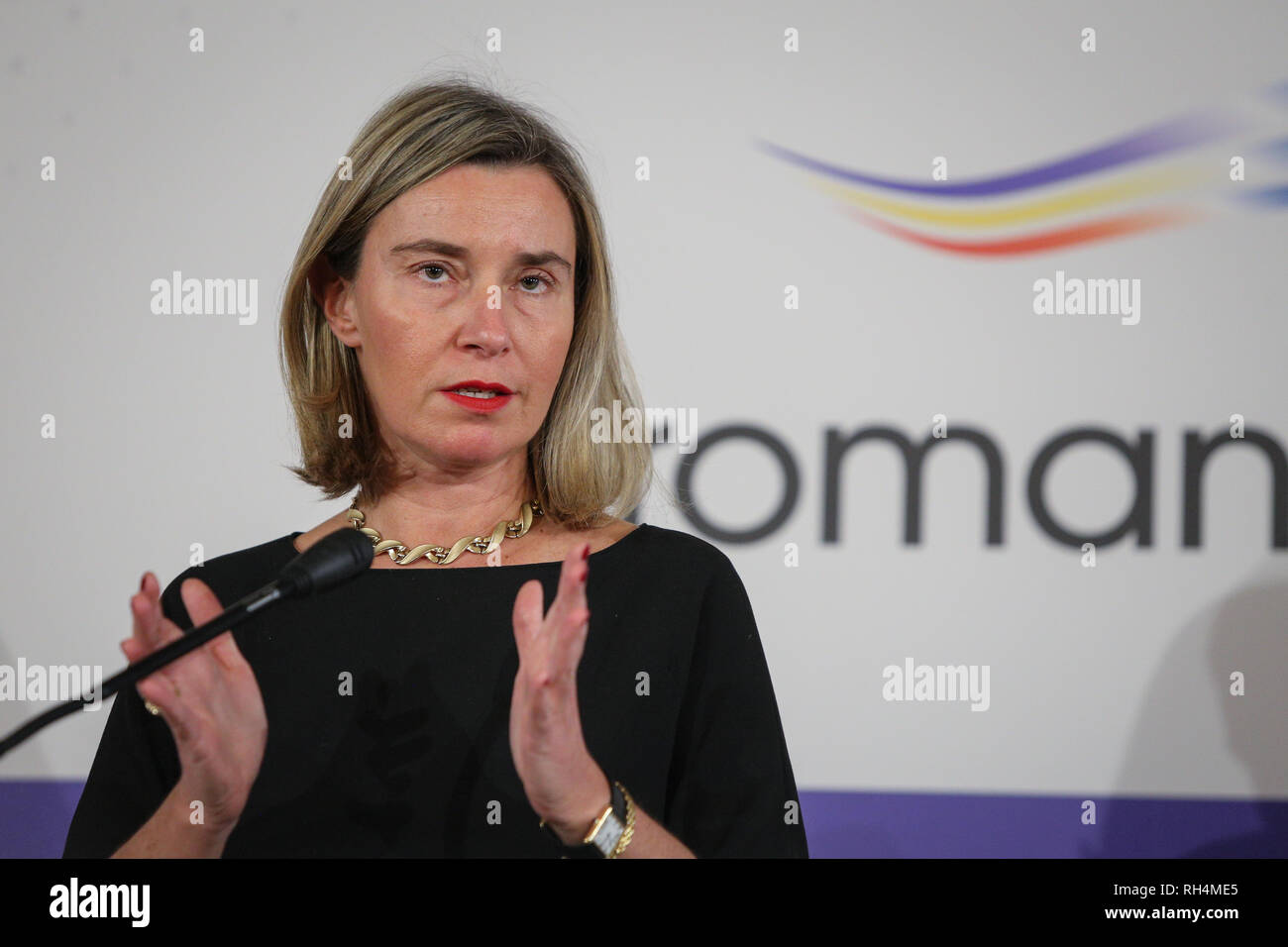 Bucarest, Roumanie - 24 janvier 2019 : Federica Mogherini, Haut Représentant pour les Affaires étrangères et la politique de sécurité participe à une conférence de presse du Banque D'Images