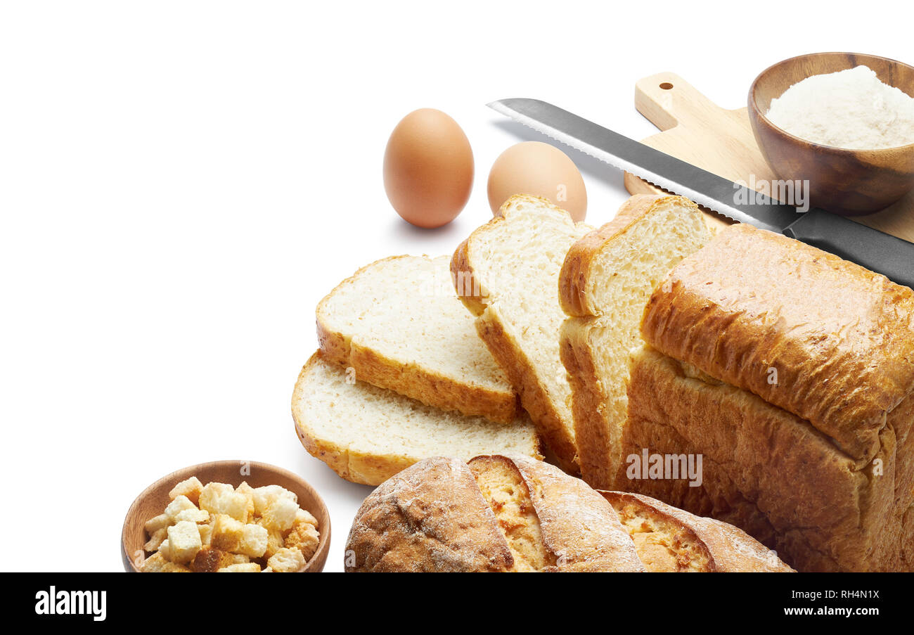 Boulangerie - pain et d'autres ingrédient à fond blanc Banque D'Images