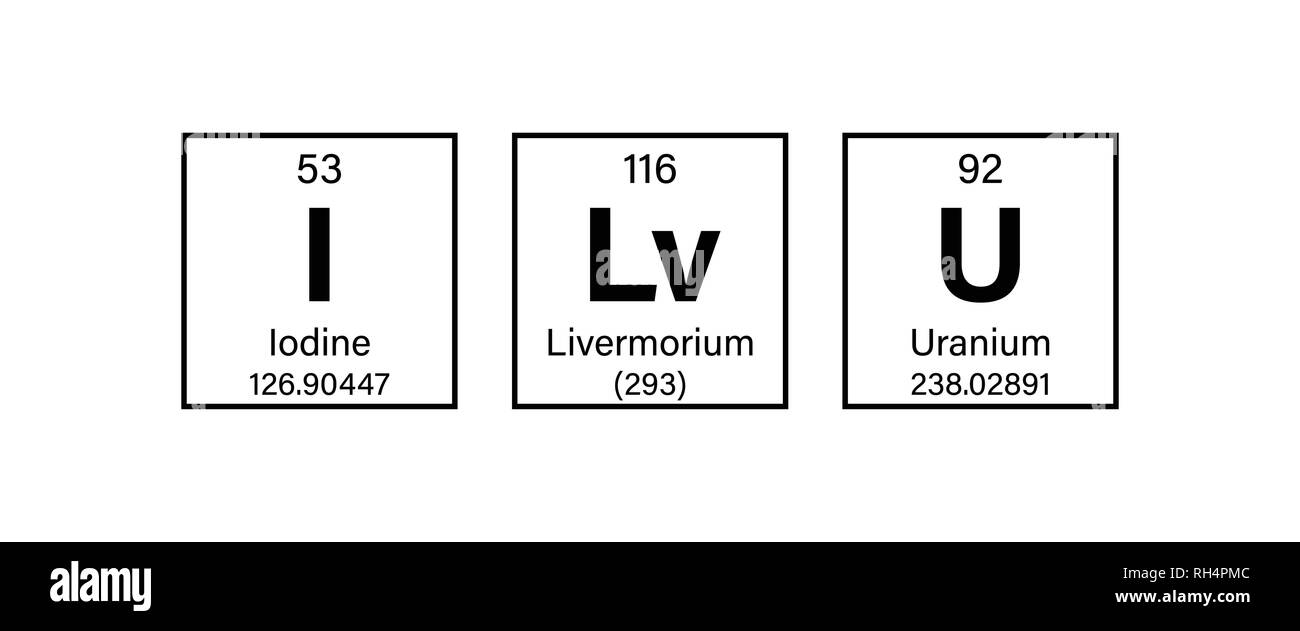Je vous aime - Tableau périodique des éléments Concept Illustration représentent avec l'iode, et l'uranium Livermorium - pour la Journée de la Saint-Valentin Illustration de Vecteur