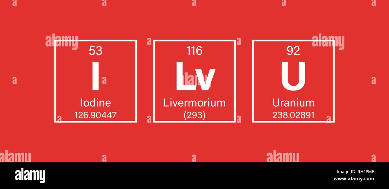 Je vous aime - Tableau périodique des éléments Concept Illustration représentent avec l'iode, et l'uranium Livermorium - pour la Journée de la Saint-Valentin Illustration de Vecteur