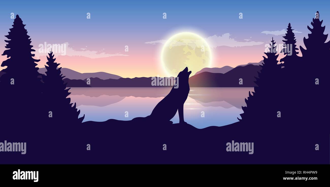 Le loup hurle à la pleine lune pourpre nature paysage avec lac big vector illustration EPS10 Illustration de Vecteur