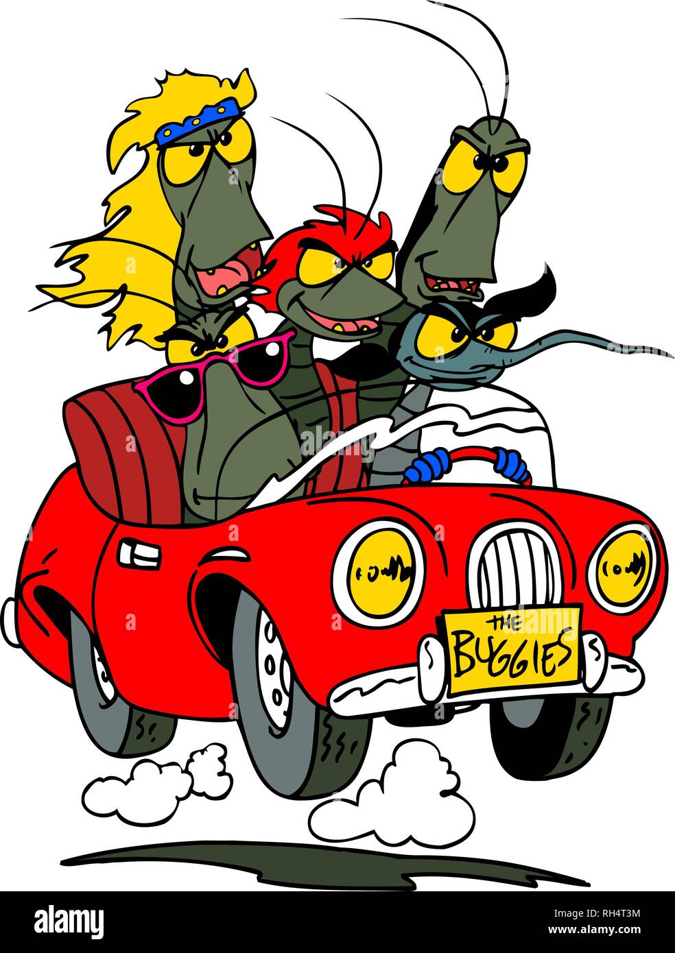 Un groupe de rock cartoon bugs voyageant en voiture. Illustration de Vecteur
