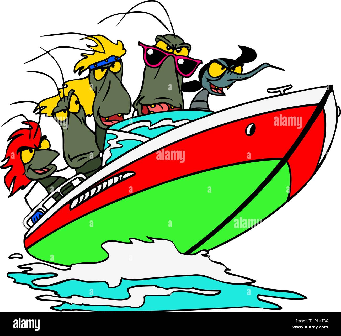 Un groupe de rock cartoon bugs voyageant par bateau à moteur. Illustration de Vecteur
