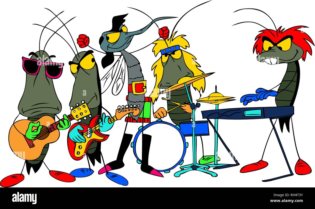 Un groupe de rock cartoon bugs faire de la musique. Illustration de Vecteur