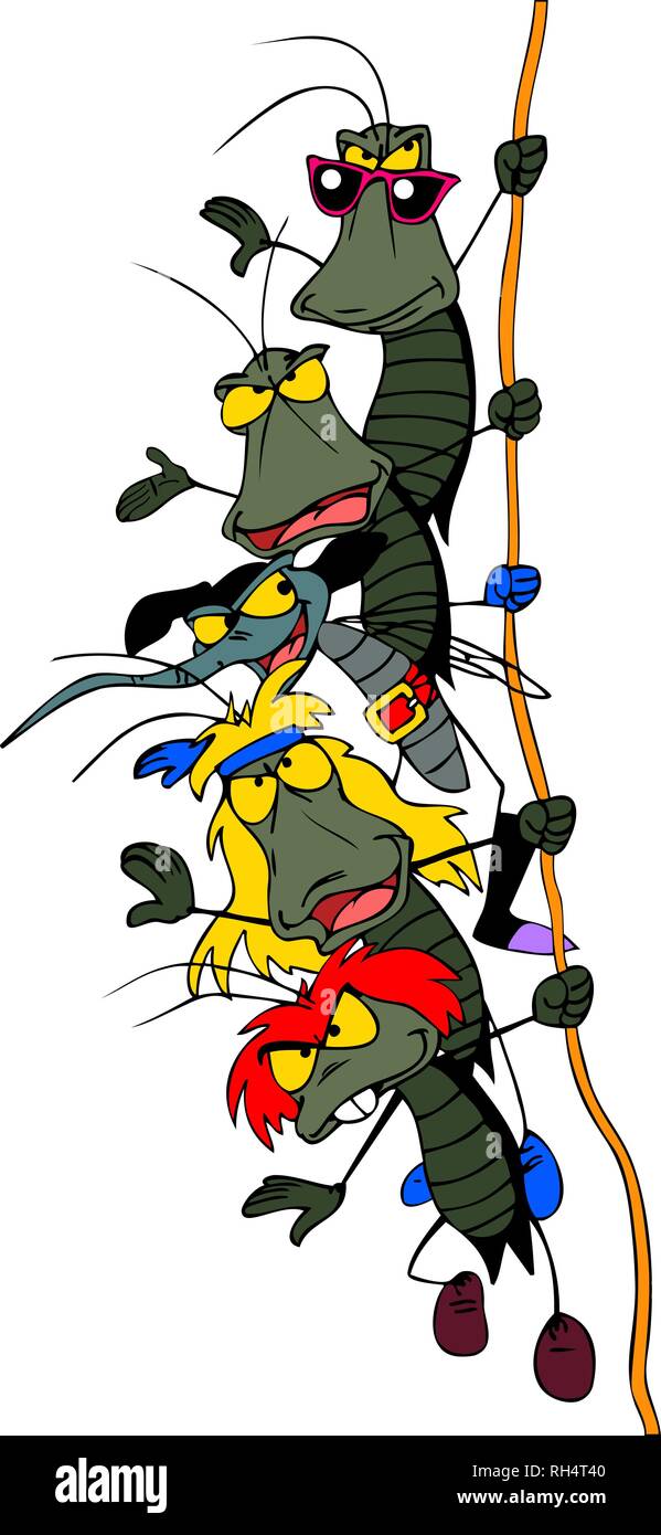 Un groupe de rock cartoon bugs pendant vers le bas d'une corde. Illustration de Vecteur