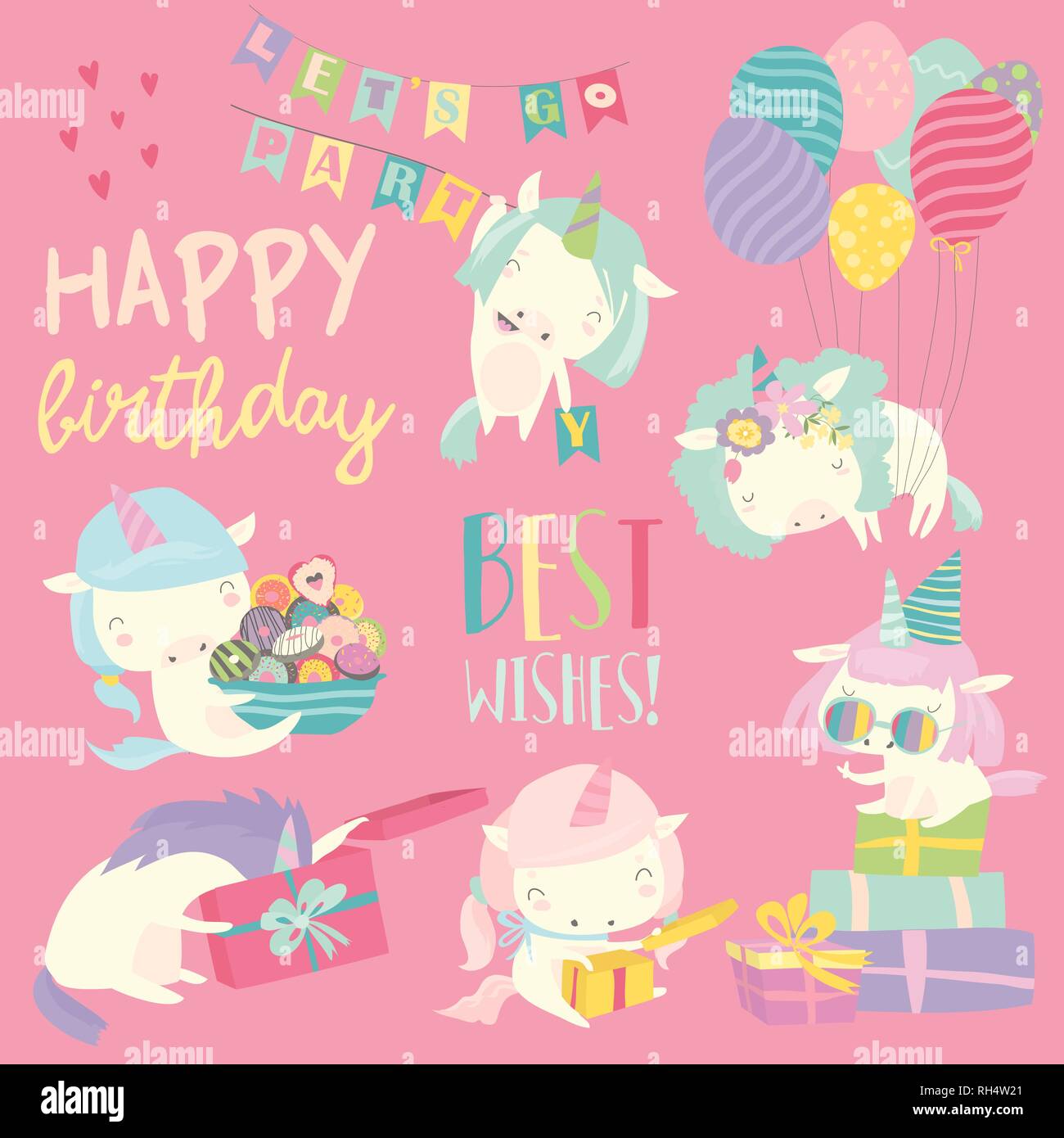 Cute Cartoon Blanc Avec Licornes Theme D Anniversaire Image Vectorielle Stock Alamy