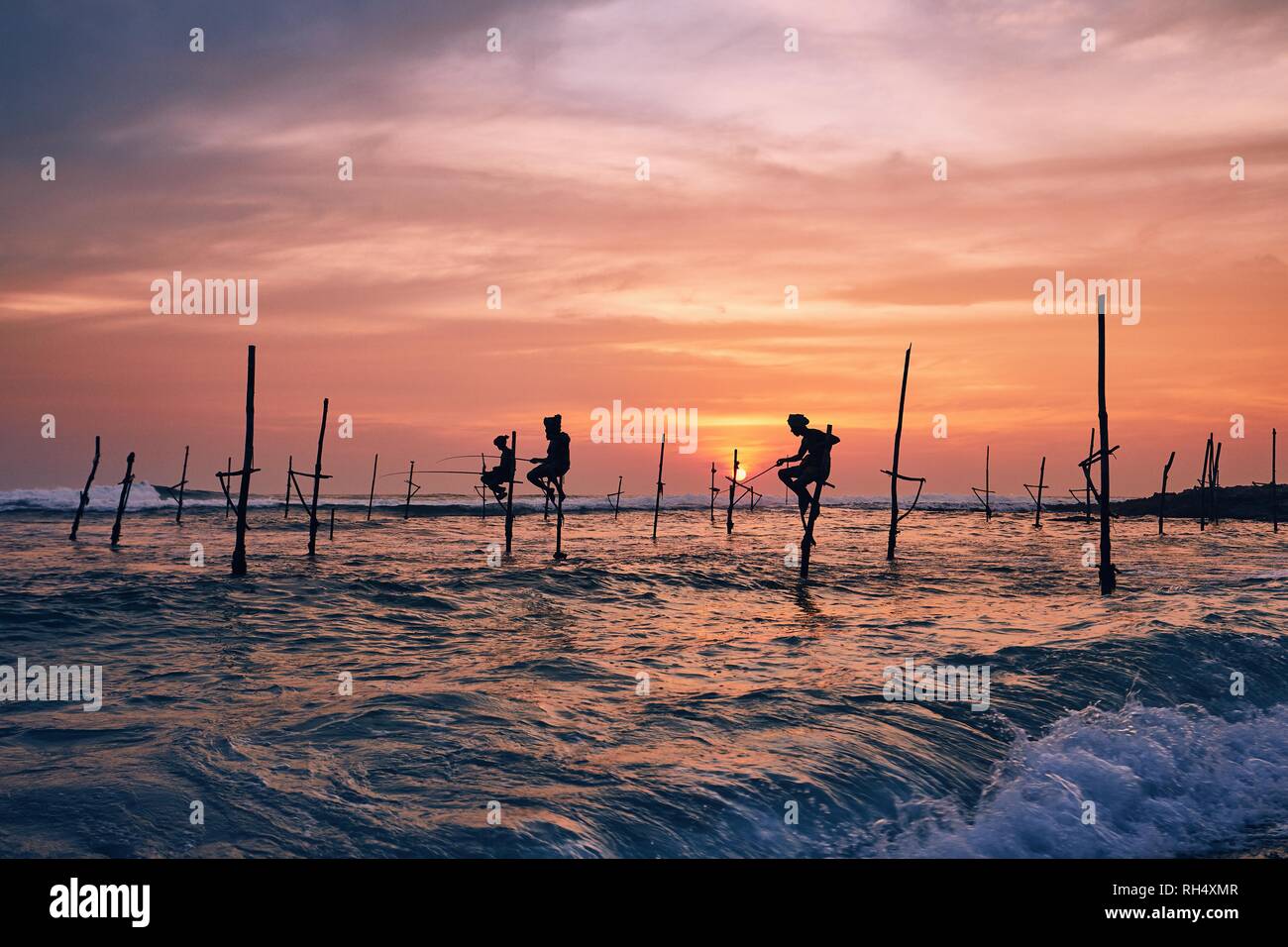 Silhouettes des pêcheurs traditionnels. Pêche à échasses traditionnelles près de Galle au Sri Lanka. Banque D'Images