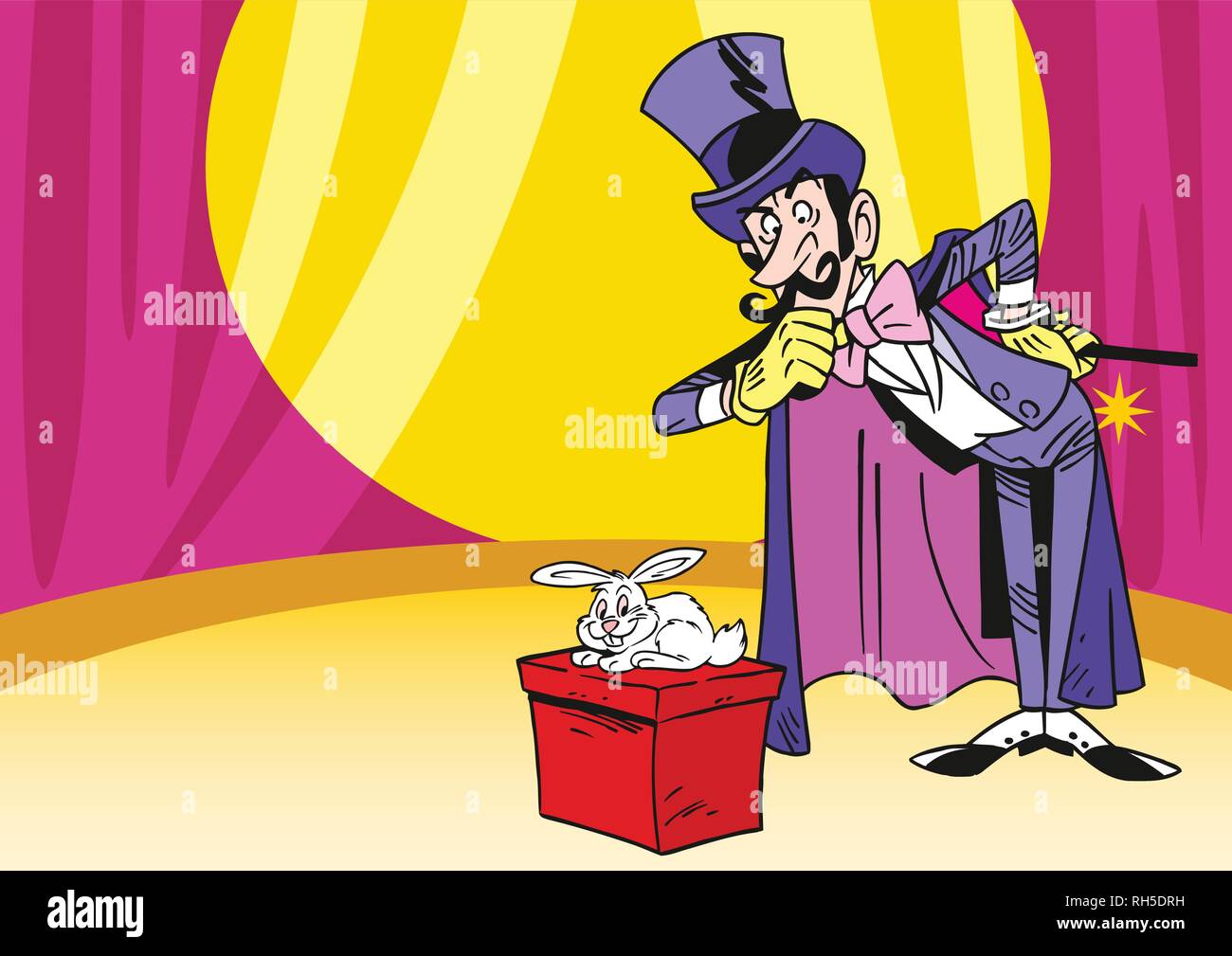 L'illustration montre un illusionniste, qui montre les trucs à base de lapin dans le cirque Illustration de Vecteur