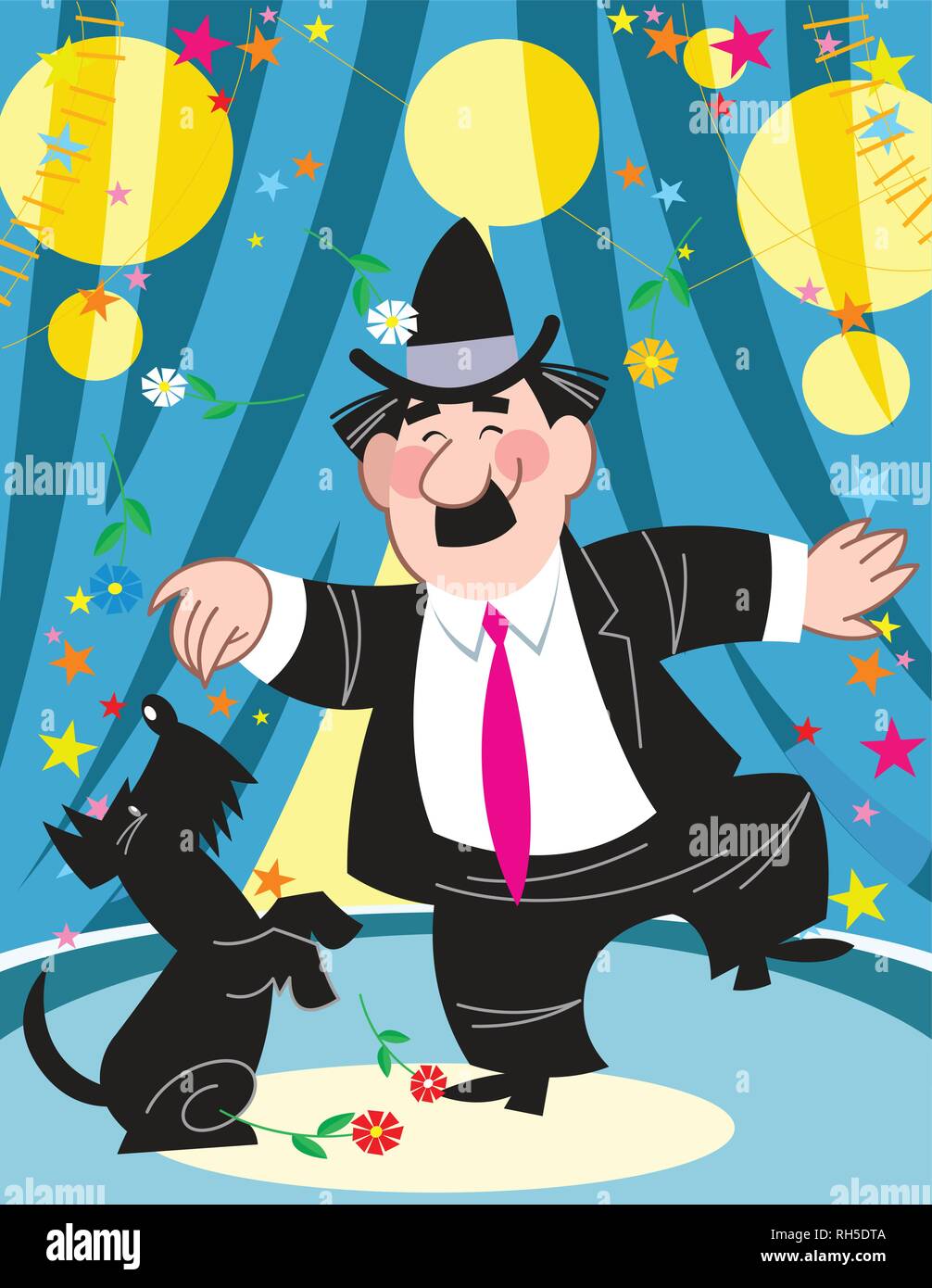 L'illustration montre un clown dans un costume noir avec un chien noir dans l'arène du cirque. Illustration faite sur des calques distincts dans un style de dessin animé. Illustration de Vecteur