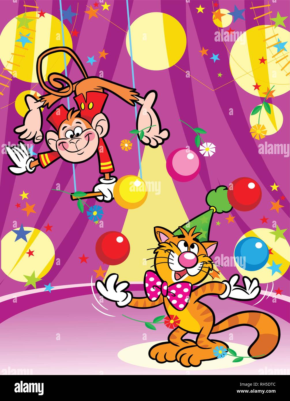 L'illustration montre un singe dans un cirque, qui effectue des acrobaties sur les balançoires. Dans l'arène de gingembre cat présente le nombre de balles. Illustration de Vecteur