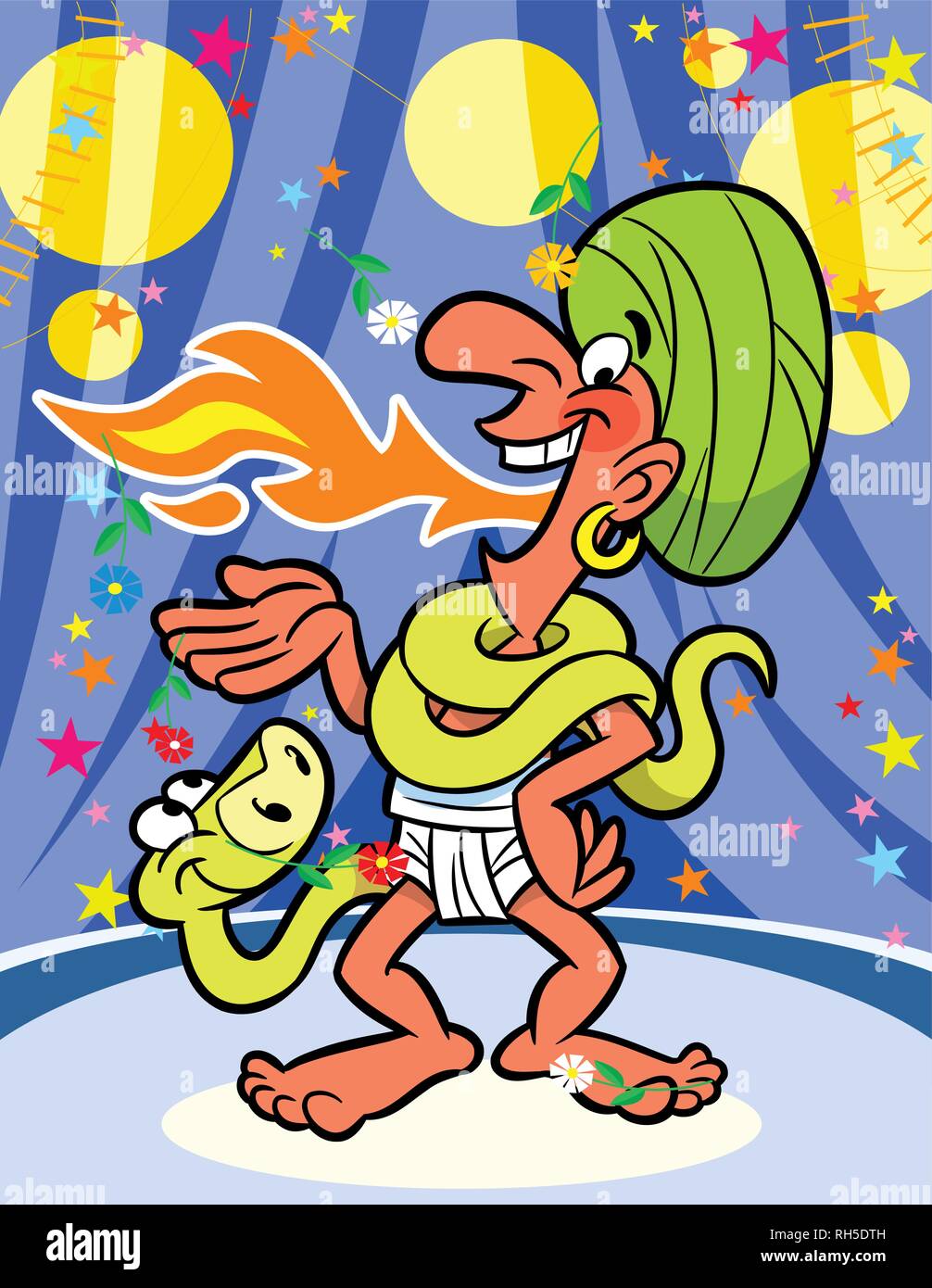 Au cirque fakir jongler avec le feu et le serpent. Illustration faite sur des calques distincts dans un style de dessin animé. Illustration de Vecteur