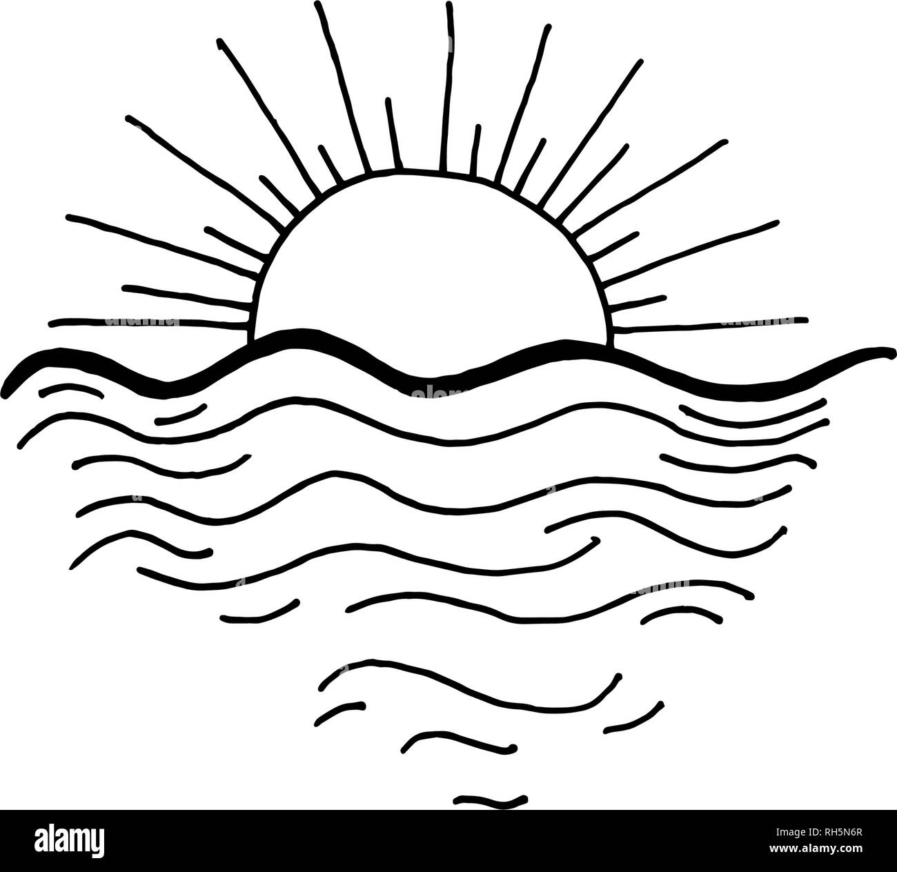 Coucher du soleil dans l'océan l'icône dessin croquis Illustration de Vecteur