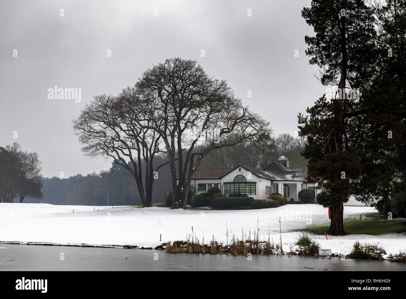 Woking, Surrey, au sud-est de l'Angleterre, Royaume-Uni, 01 février 2019. Après une nuit froide avec un peu de neige, une légère couche de neige recouvre le terrain de golf à Woking Golf Club à Hook Heath, Woking, Surrey, UK. La terne, sombre, météo ciel gris de plomb et des températures de gel produire un presque monochrome / paysage monochromatique et résulter en personne à l'extérieur jouer au golf : pas un bon jour pour être à l'extérieur à jouer au golf. Credit : Graham Prentice/Alamy Live News. Banque D'Images