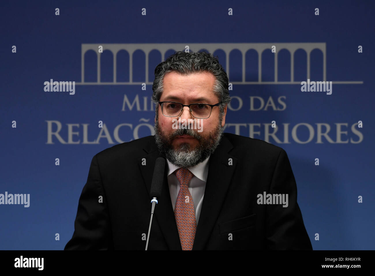 DF - Brasilia - 02/01/2019 - collectif d'Itamaraty - Ernesto Araujo, ministre des Relations Extérieures, lors d'une conférence de presse ce vendredi, le 1 février, où il parlera de la position du Brésil sur la crise au Venezuela. Photo : Mateus Bonomi / AGIF Banque D'Images