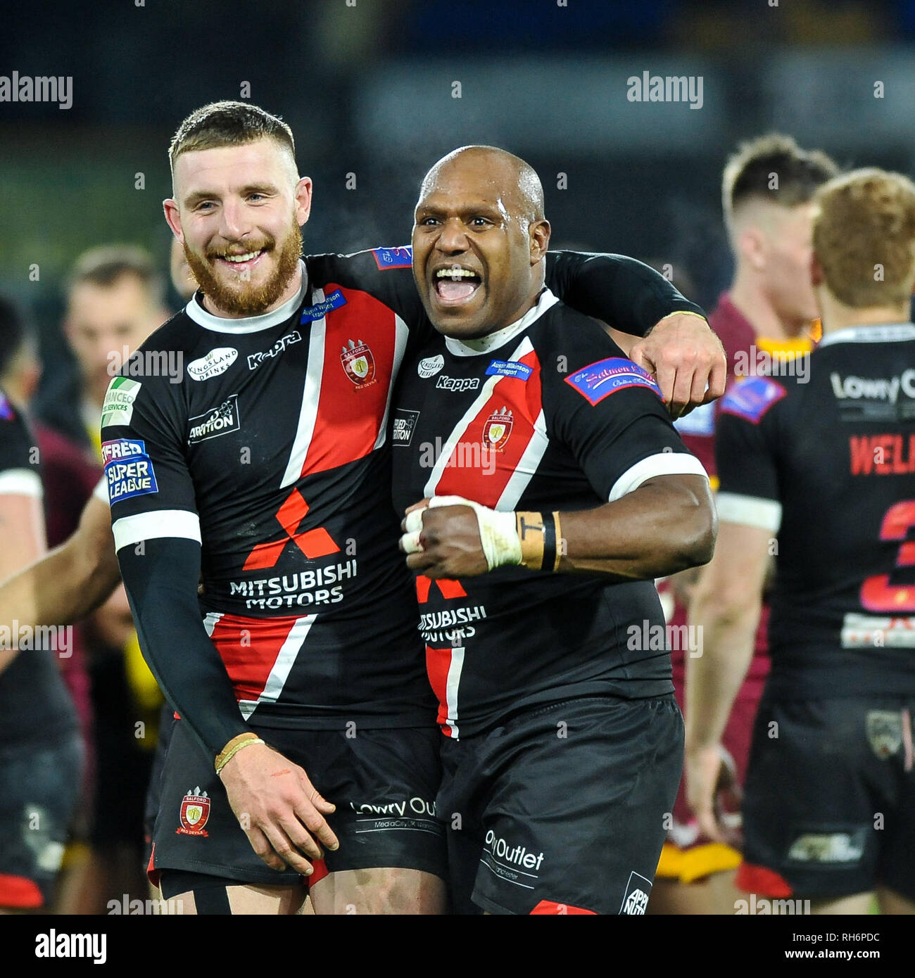 Huddersfield, UK. , . 01 février 2019. John Smiths Stadium, Huddersfield, Angleterre ; Rugby League Super League, Betfred Une ronde Huddersfield Giants vs Red Devils Salford Salford ; demi-Diables Rouges retour partenariat Jackson et Robert Hastings lui profiter de la première ronde victoire sur Huddersfield Giants. Credit : Dean Williams/Alamy Live News Banque D'Images