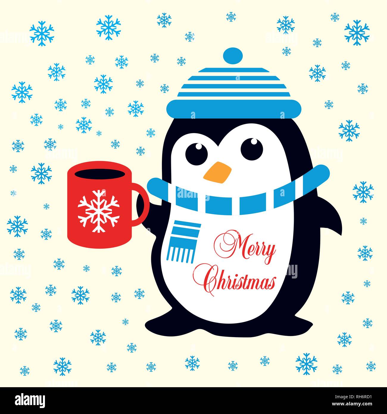 Funny cute penguin en bleu bonnet et écharpe avec red cup avec des flocons  de neige. Pour Noël et le tissu, papier peint, papier cadeau Image  Vectorielle Stock - Alamy