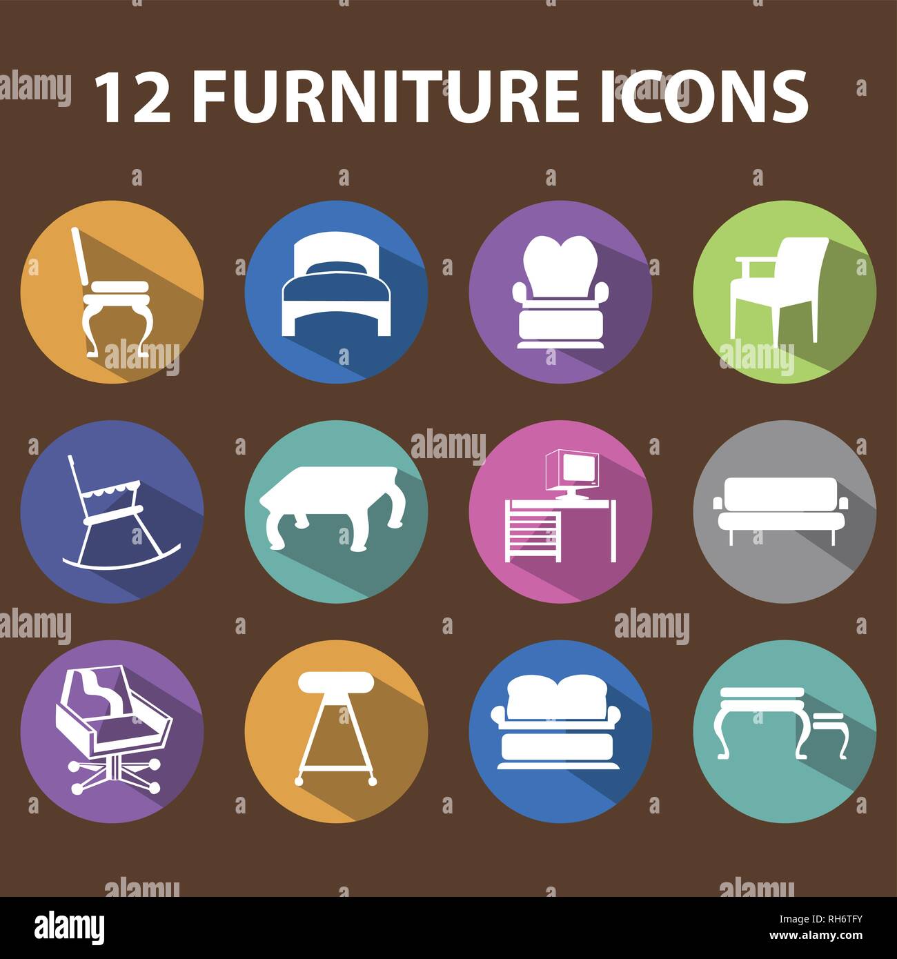 Set de 12 icônes Mobilier modifiable dans coloful cercle avec les ombres. Peut être utilisé pour le Web, le mobile, l'assurance-chômage et de conception infographique. Vector illustration isoler Illustration de Vecteur