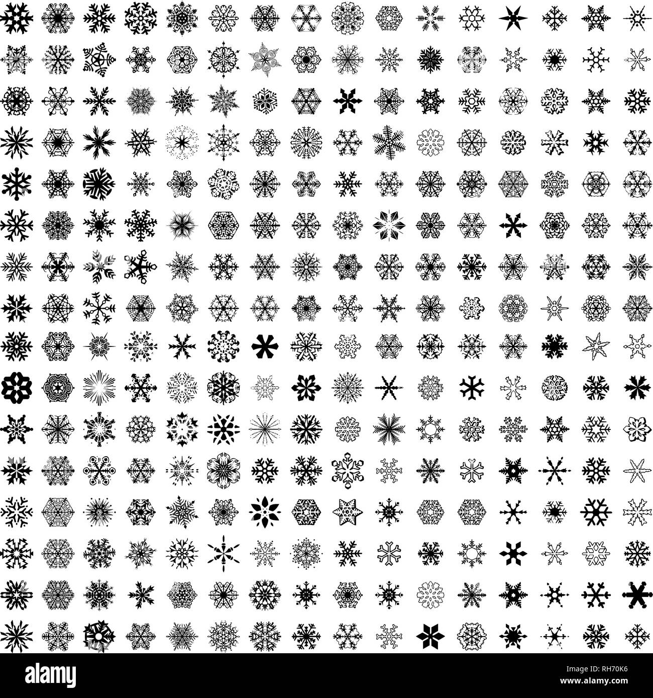 Gros flocons collection vector icon set couleur de fond noir. 256 flocons gracieux. Cristal graphique décoration congelé. Illustration de Vecteur