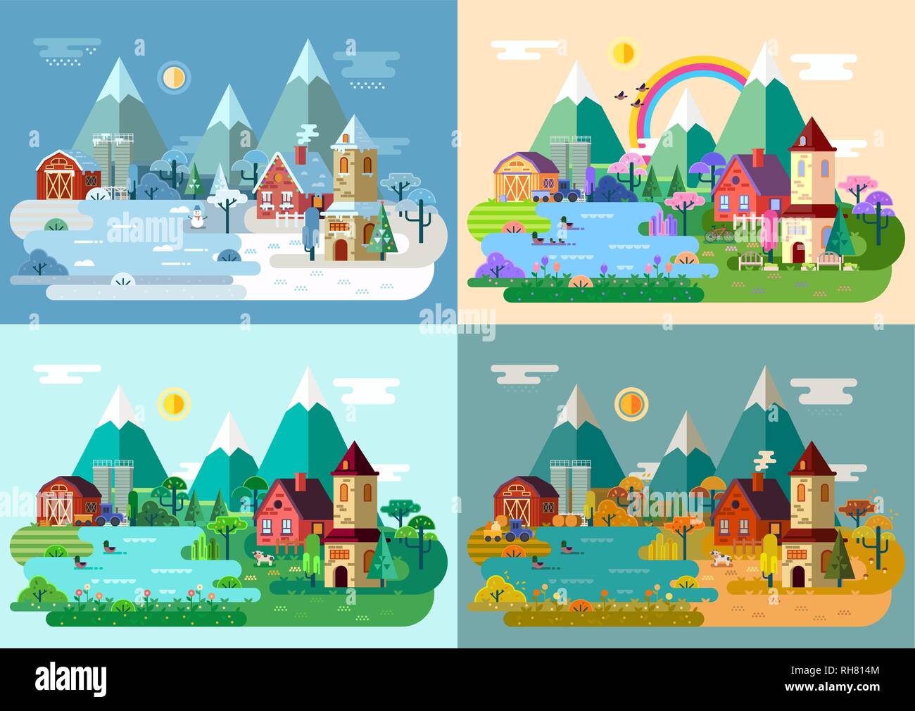 Village à l'été, hiver, automne, printemps.Panorama Illustration de Vecteur