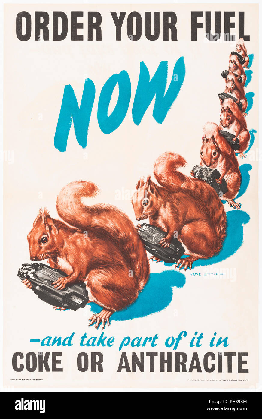 'Commander votre carburant maintenant' affiches de propagande de la seconde guerre mondiale avec les écureuils transportant des morceaux de charbon. Banque D'Images