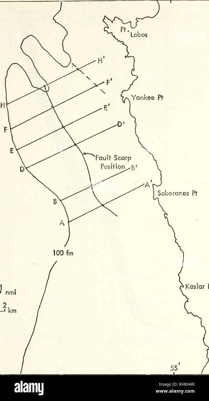 . Un levé gravimétrique du bas du plateau continental entre Point Lobos et Point Sur, Californie.. L'océanographie. -30' N 36°25' 0 i 122°00'. Sobercsnes Kaslar Pt Pt Figure 17. Profil de PDR Endroits et Position d'un escarpement de faille de l'étude bathymétrique 72. Veuillez noter que ces images sont extraites de la page numérisée des images qui peuvent avoir été retouchées numériquement pour plus de lisibilité - coloration et l'aspect de ces illustrations ne peut pas parfaitement ressembler à l'œuvre originale.. Woodson, Walter Browne.. Monterey, Californie : U.S. Naval Postgraduate School Banque D'Images