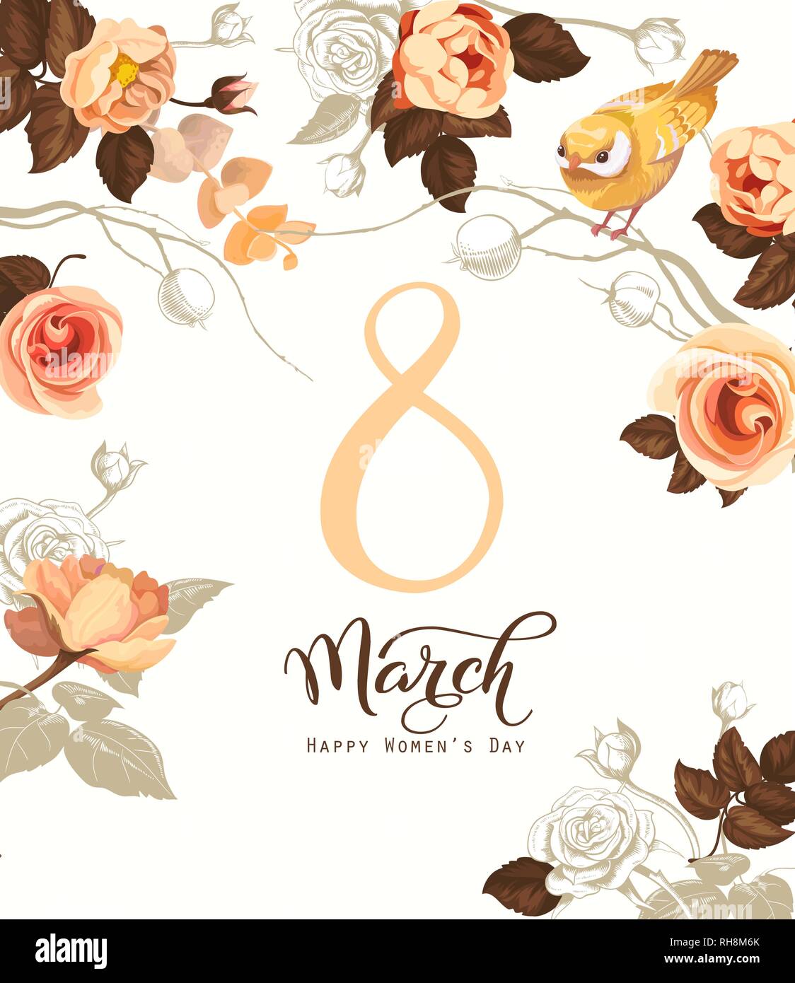 Heureux 8 mars. Journée de la femme carte de vœux. La belle main lettrage en bouquet de fleurs de printemps, les feuilles et le bleu oiseau posé sur elle on background Illustration de Vecteur