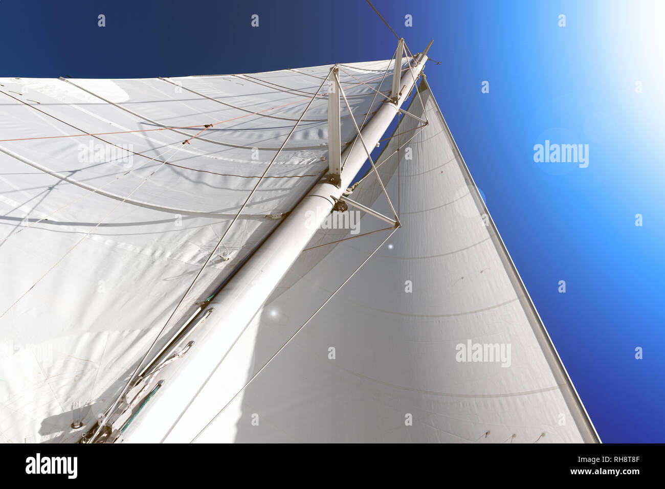 Grand-voile à bord d'un catamaran , fond bleu fannyd Banque D'Images