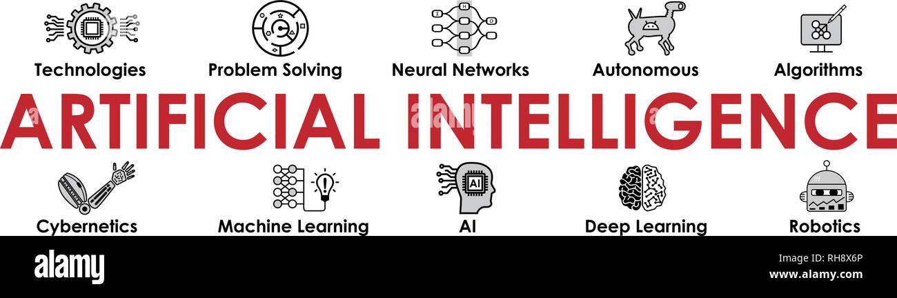 L'Intelligence Artificielle bannière avec icons set. En-tête pour site web et médias sociaux : Algorithme, l'apprentissage en profondeur, réseaux de neurones, AI, autonome, Cyberne Illustration de Vecteur