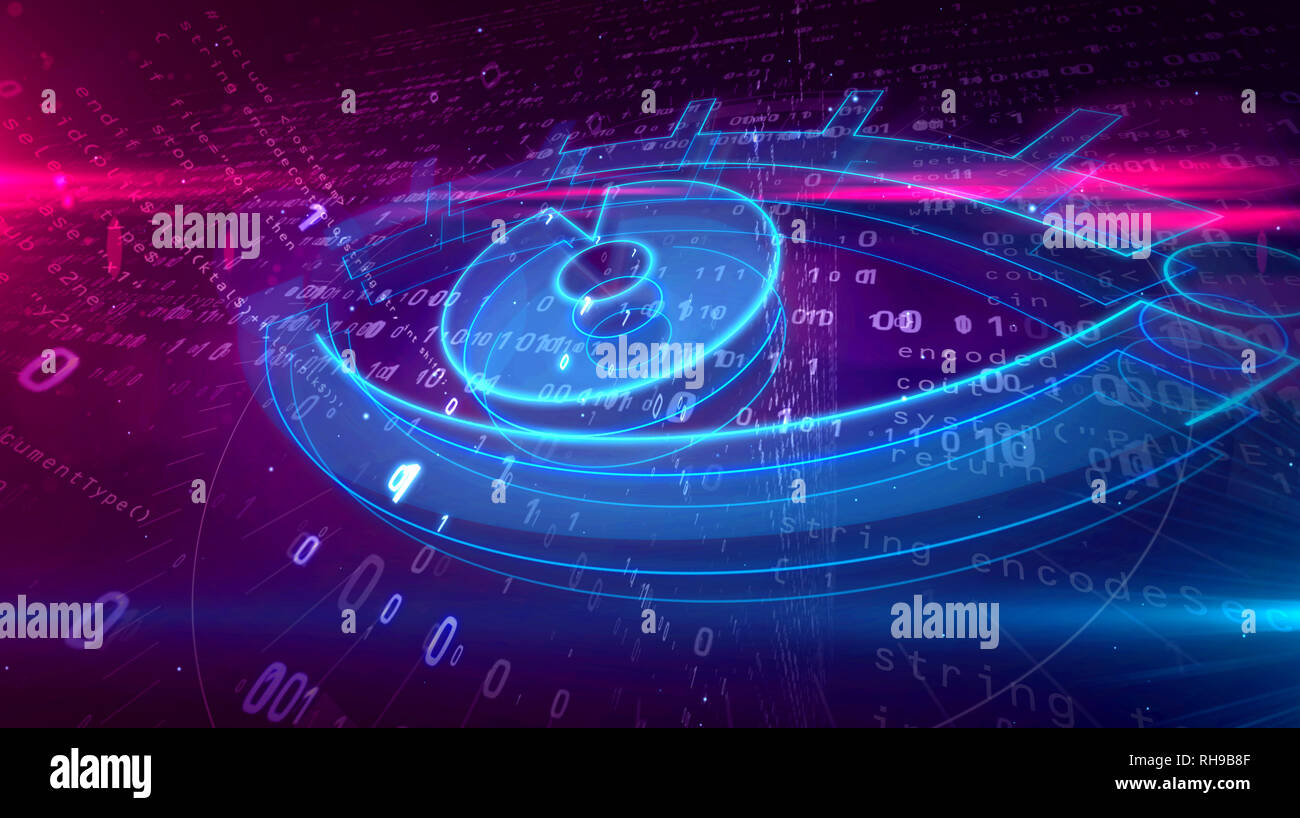 La surveillance et l'espionnage électronique dans Internet. L'espionnage et le suivi de la vie privée dans le cyberespace avec symbole de l'œil sur l'arrière-plan numérique 3D illustration. Banque D'Images