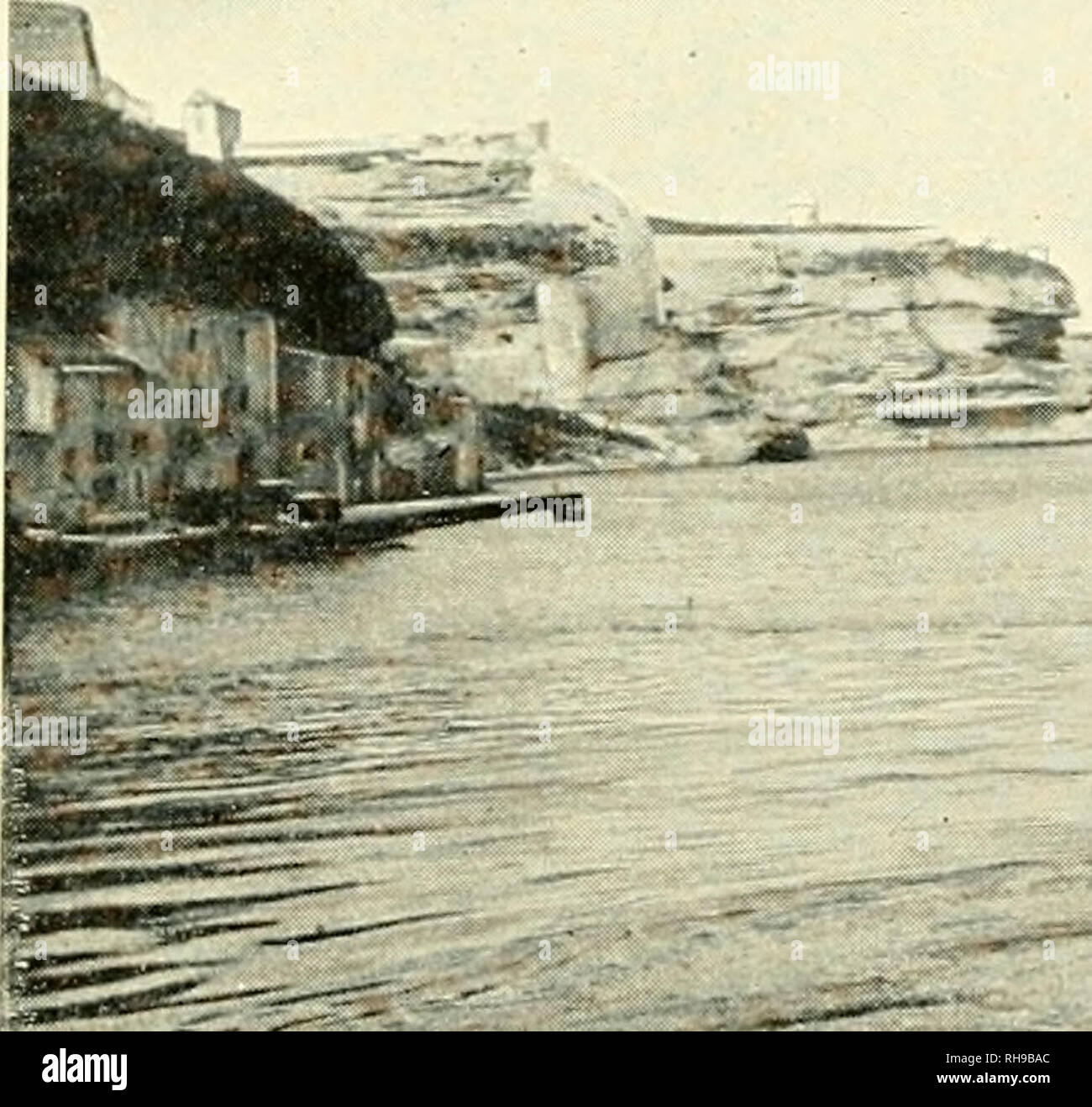 . Frülingsfahrt Reisestudien Botanische auf einer durch Korsika. Les plantes ; la géologie. Fig. 2. Bonifacio von Südwesten. Im Vordergrund steinige Felsenheide. Das Kalkplateau Steilabsturz fallt mit einem von 60-80 m zum Meer ab, die Felsen sind z.T. Überhängend abgestürzte mächtige, pièces détachées sind der Küste als Klippeninseln vorgelagert. Im Hintergrund das Städtchen, (pag. 4.). Fig. 3. Von Fjord Bonifacio von Osten. eiderseits die ungefähr 40-60 m hohen, beinahe horizontalen Schichten des blendendv^eissen, tertiären Kalk-  ; eigentümlichster Zickzacklinie eins, dans erodiert. Mittelalterli Liens auf der Höhe Banque D'Images