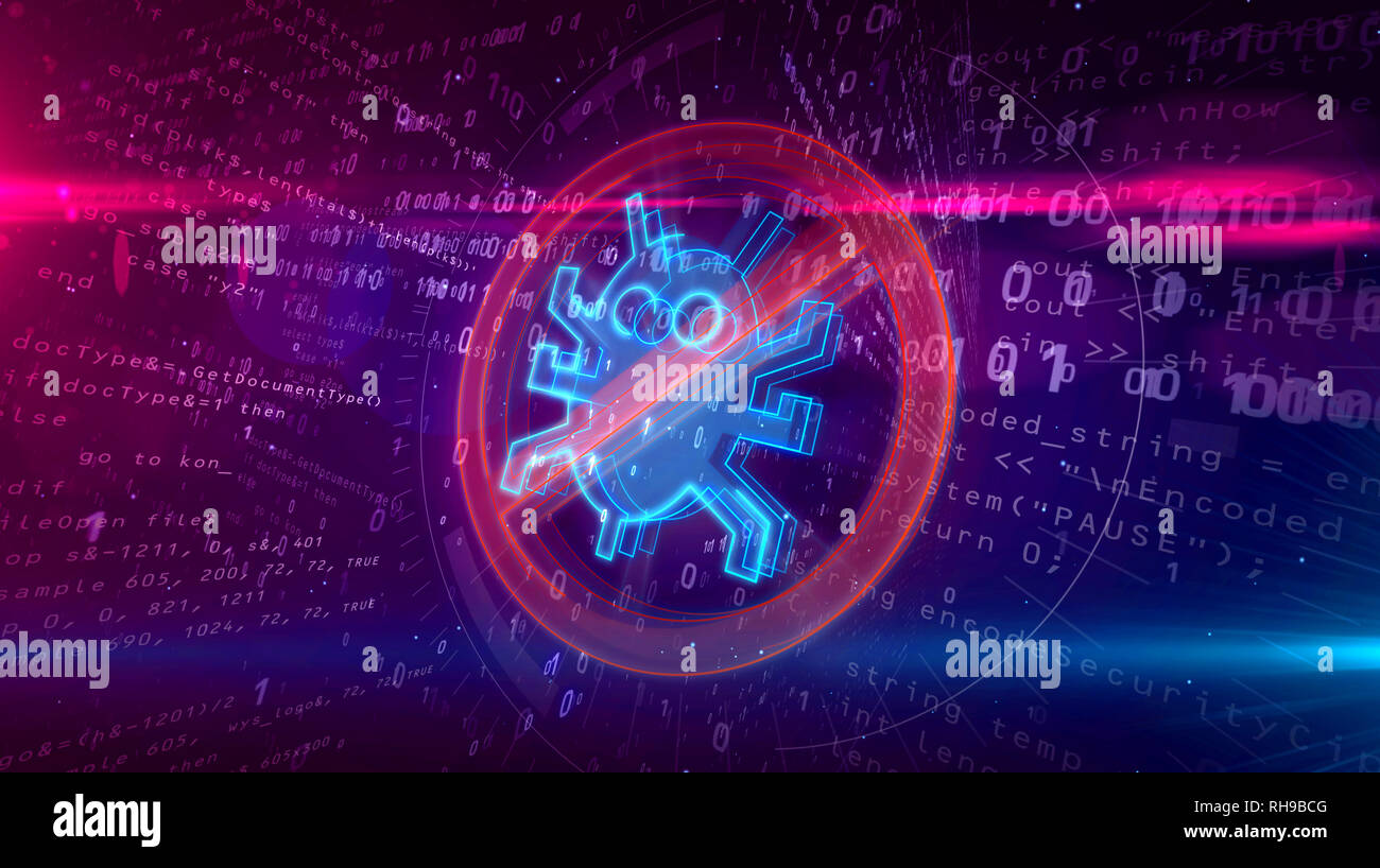 Icône de l'Antivirus sur arrière-plan numérique. Symbole d'interdiction vers Internet sur binaire abstract 3D illustration. Banque D'Images