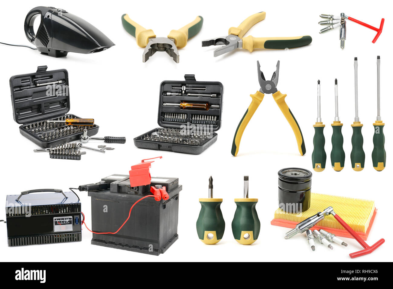 Définir divers outils pour réparation et entretien voiture isolé sur fond blanc Banque D'Images