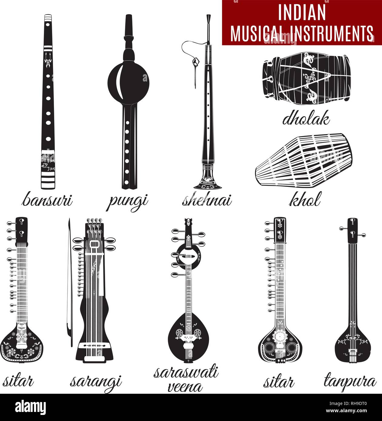 Vector Set D Instruments De Musique Indienne Plat Traditionnel Sarangi Sitar Saraswati Veena Shehnai Bansuri Pungi Dholak Et Khol Icones Isole Sur Whit Image Vectorielle Stock Alamy