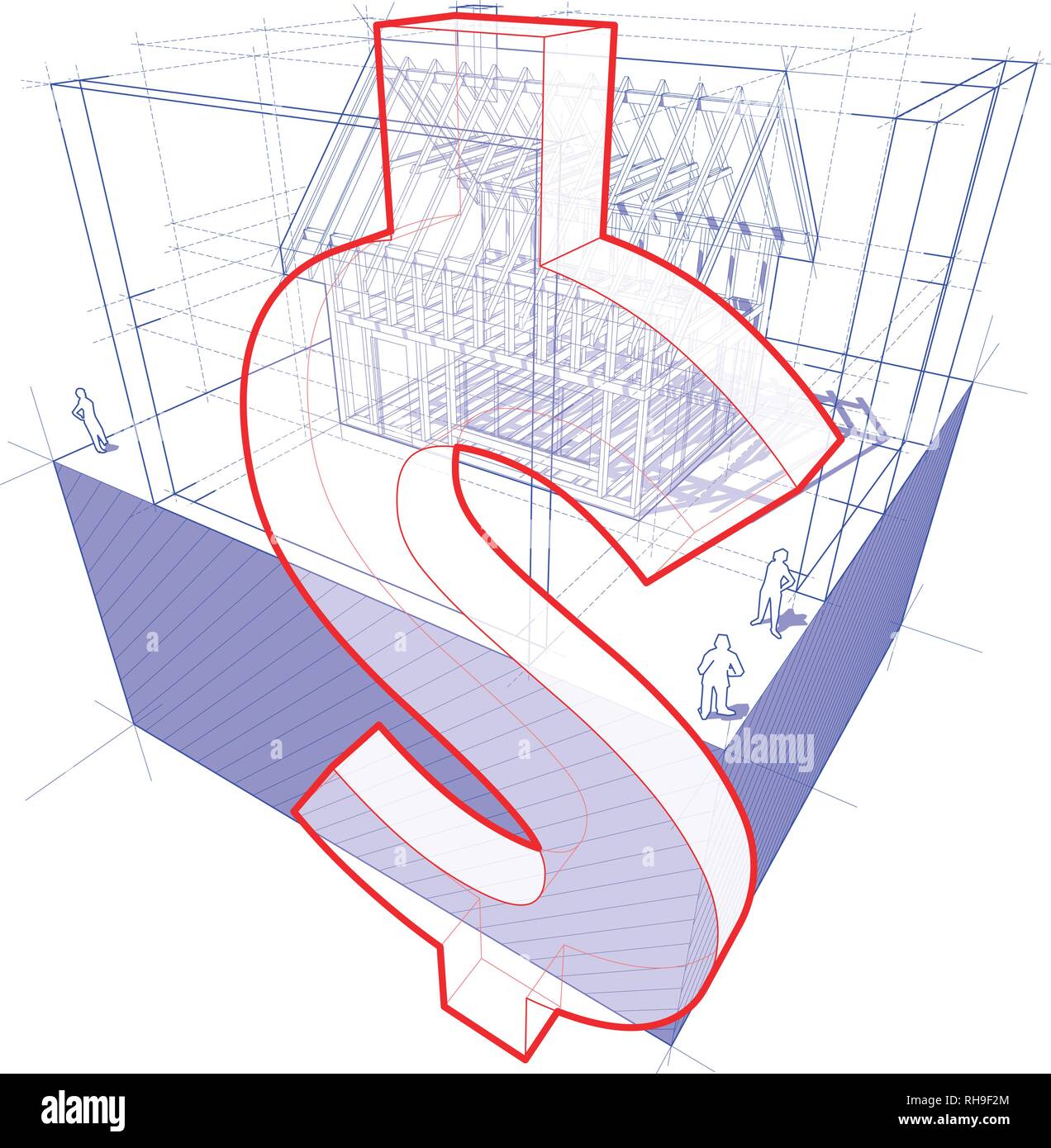 3d illustration du diagramme d'un cadre de construction d'une maison individuelle avec 3D dimensions et Monnaie Dollar Sign Illustration de Vecteur