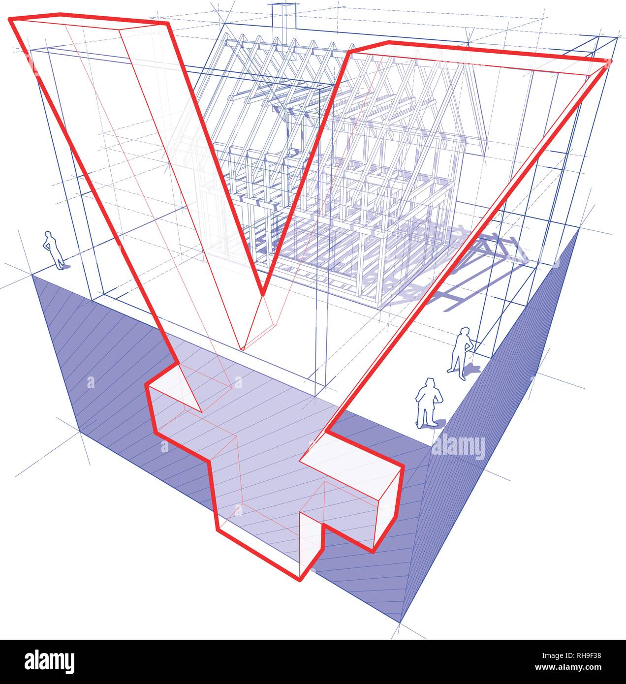 3d illustration du diagramme d'un cadre de construction d'une maison individuelle avec 3D dimensions et yen yuan ou signe de devises Illustration de Vecteur