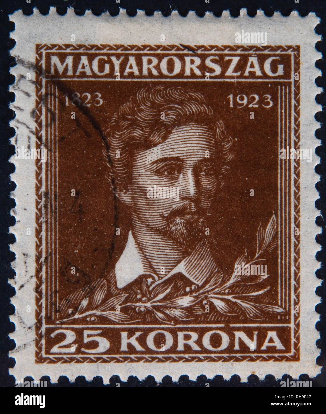 Sándor Petőfi ou Alexander Petrovics, un poète hongrois et héros national, portrait sur un timbre hongrois, Hongrie Banque D'Images