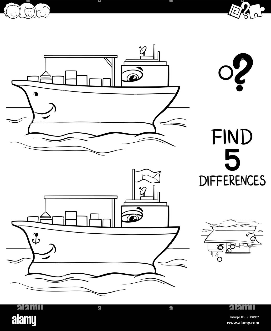 Illustration Cartoon noir et blanc de trouver cinq différences entre les photos, jeu éducatif pour enfants avec porte-conteneurs Coloring Book Illustration de Vecteur