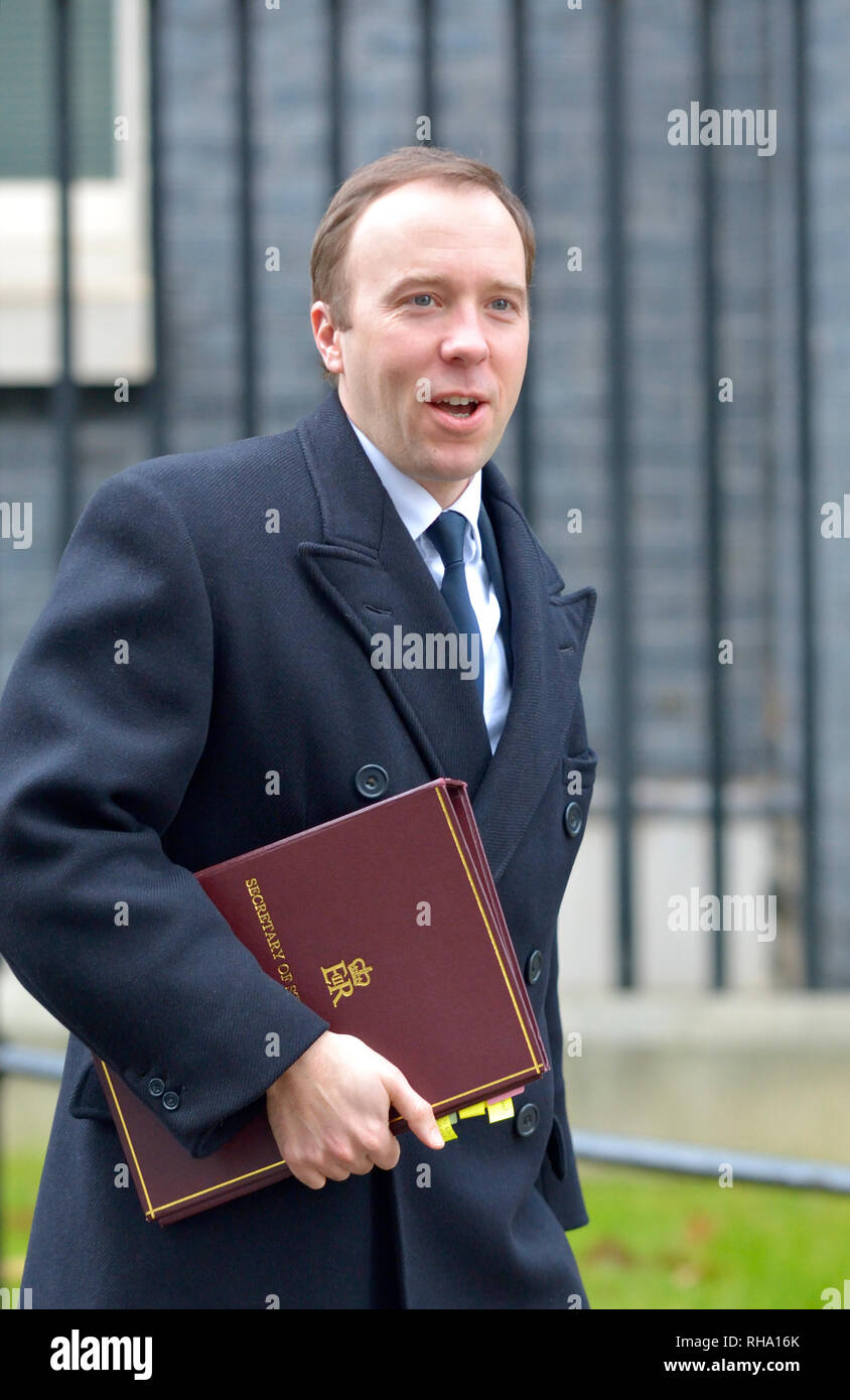 Matt Hancock, ministre de la santé, de quitter une réunion du cabinet, au 10 Downing Street, 29 janv. 2019 Banque D'Images