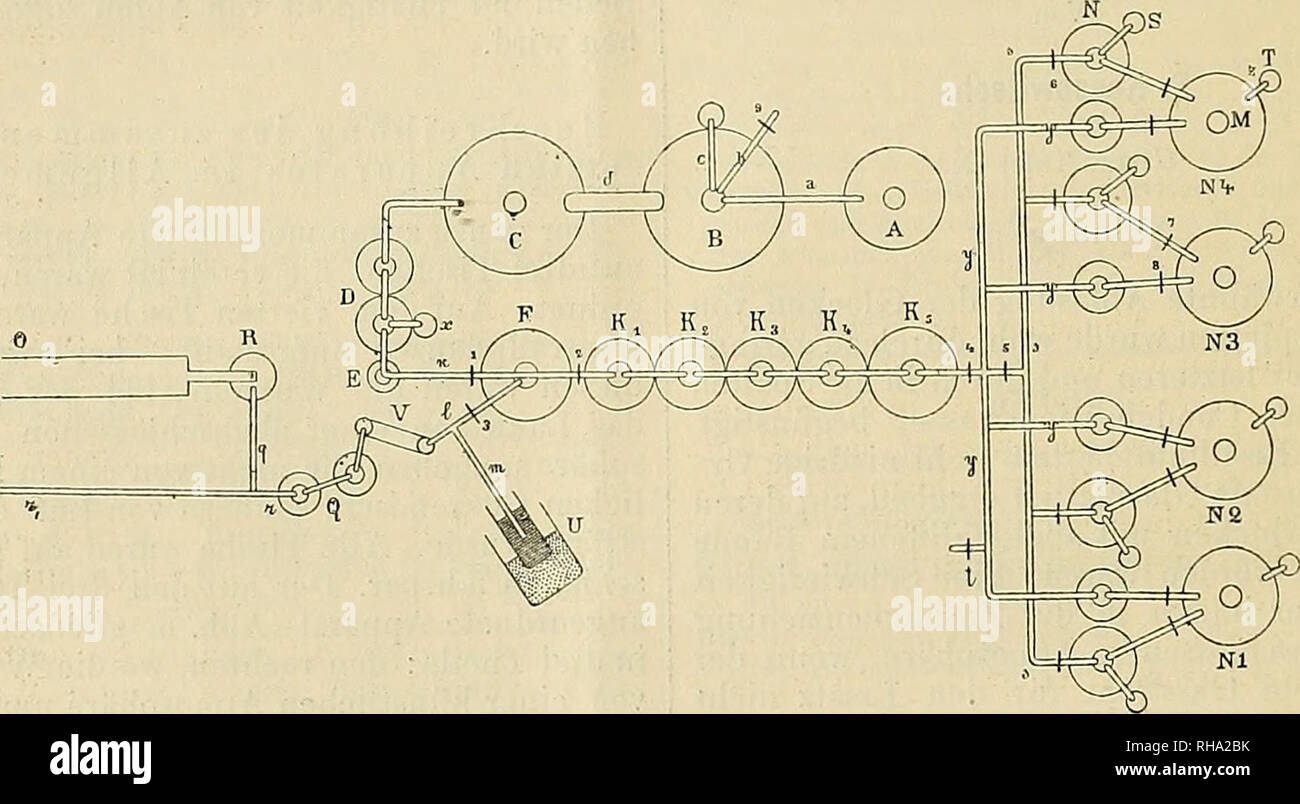 . Botanische Zeitung. Les plantes ; les plantes. Des Dispositionsplan Apparates. O  = die Retorte zur Sauerstoffgewinnung ; R  = Gefäss mit Quecksilber ; Q,  = Doppelwaschflasche mit KOH ; V  = U-förmiges Rohr mit Antimon ; A  = Kipp'scher Apparat ; B  = = Gefäss mitH2S04 ; C  = Gefäss mit Zink zur Wasserstoffgewinnung Doppelwaschflasche ; D  = mit übermangansaurem ; E, Kali und U S  = Quecksilberverschlüsse ; F  = Gefäss zur Sauerstoffsammlung ; K|, K2. K3, K4, K5 et P  = Waschflasehen ; N  = mit Kolben Fassaden- lösung ; NL, N2, N3, N4 et N6  = Gefässe, dans die Wurzeln abgeschlossenen en im Raum ge- halten wurden ; NA, NB und Banque D'Images