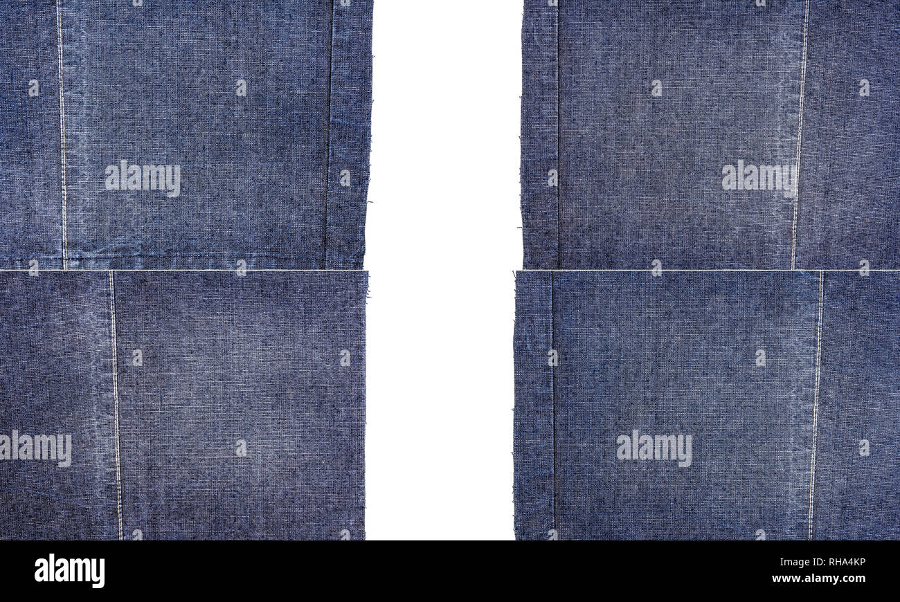 Collection de jeans bleu textures tissu isolé sur fond blanc. Les bords inégaux. Jean déchiré le tissu avec copie espace Banque D'Images