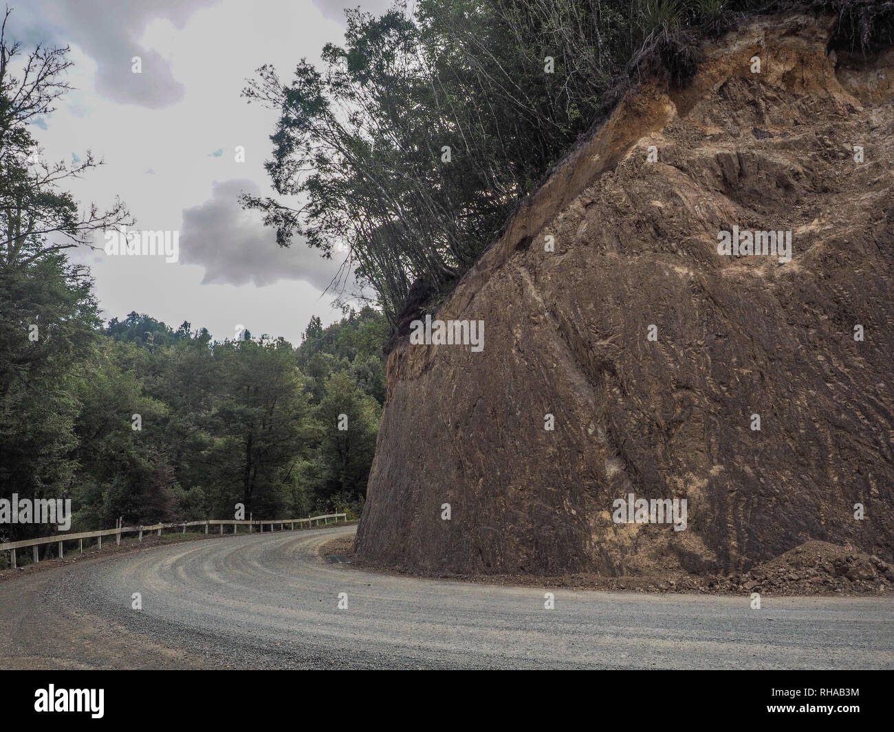 Virage de la route, roche, coupe la route, Forest Hills, sous ciel couvert, State Highway 38, Te Urewera, île du Nord, Nouvelle-Zélande Banque D'Images