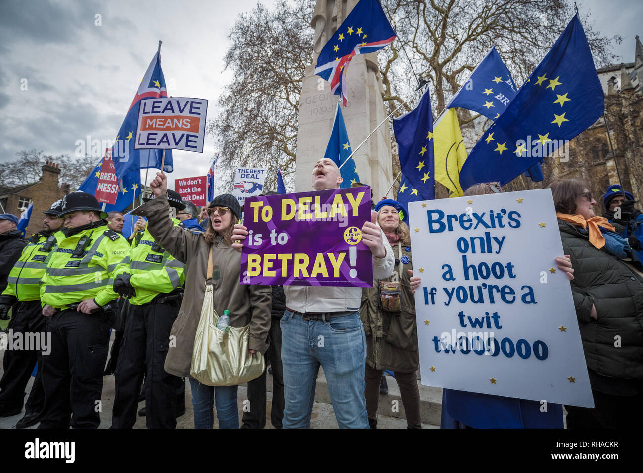 Pro et anti-manifestants Brexit recueillir et de protestation à l'extérieur des édifices du Parlement à Westminster, Londres. Banque D'Images