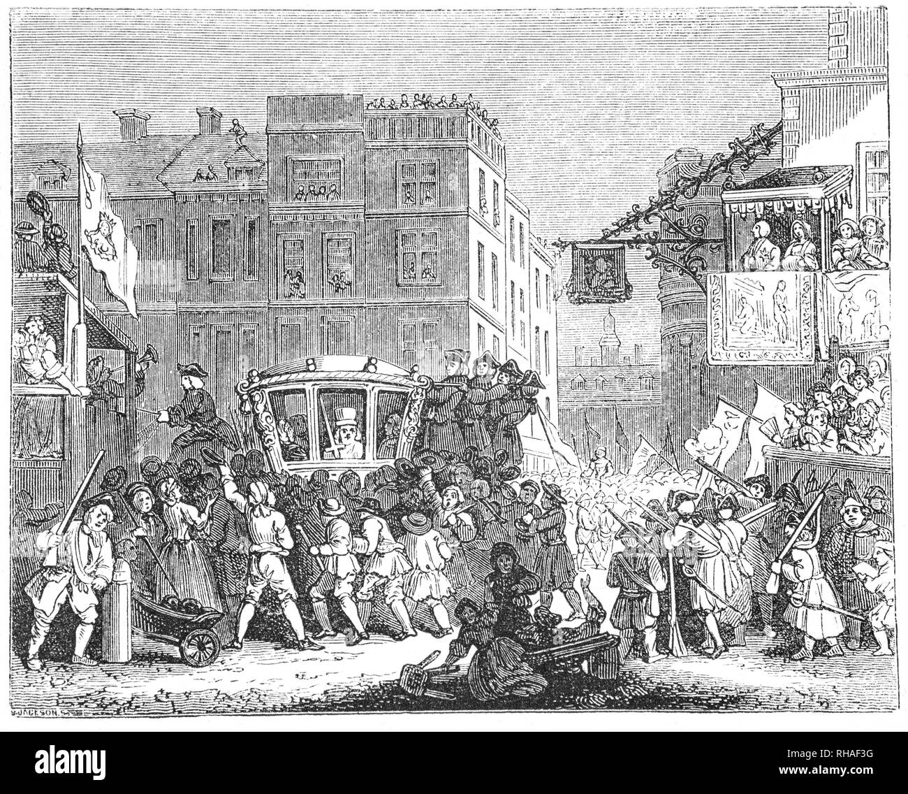 18e siècle, Londres le jour après son assermentation, le Maire mène une procession de la ville de Londres à la Cour royale de Justice dans la ville de Westminster, où le maire jure allégeance à la Couronne, un événement annuel qui est devenu connu sous le nom de "Lord Mayor's Show'. Le maire de voyages dans l'état de la ville que l'entraîneur a été construit en 1757 à un coût de £1,065.0s.3d. Banque D'Images