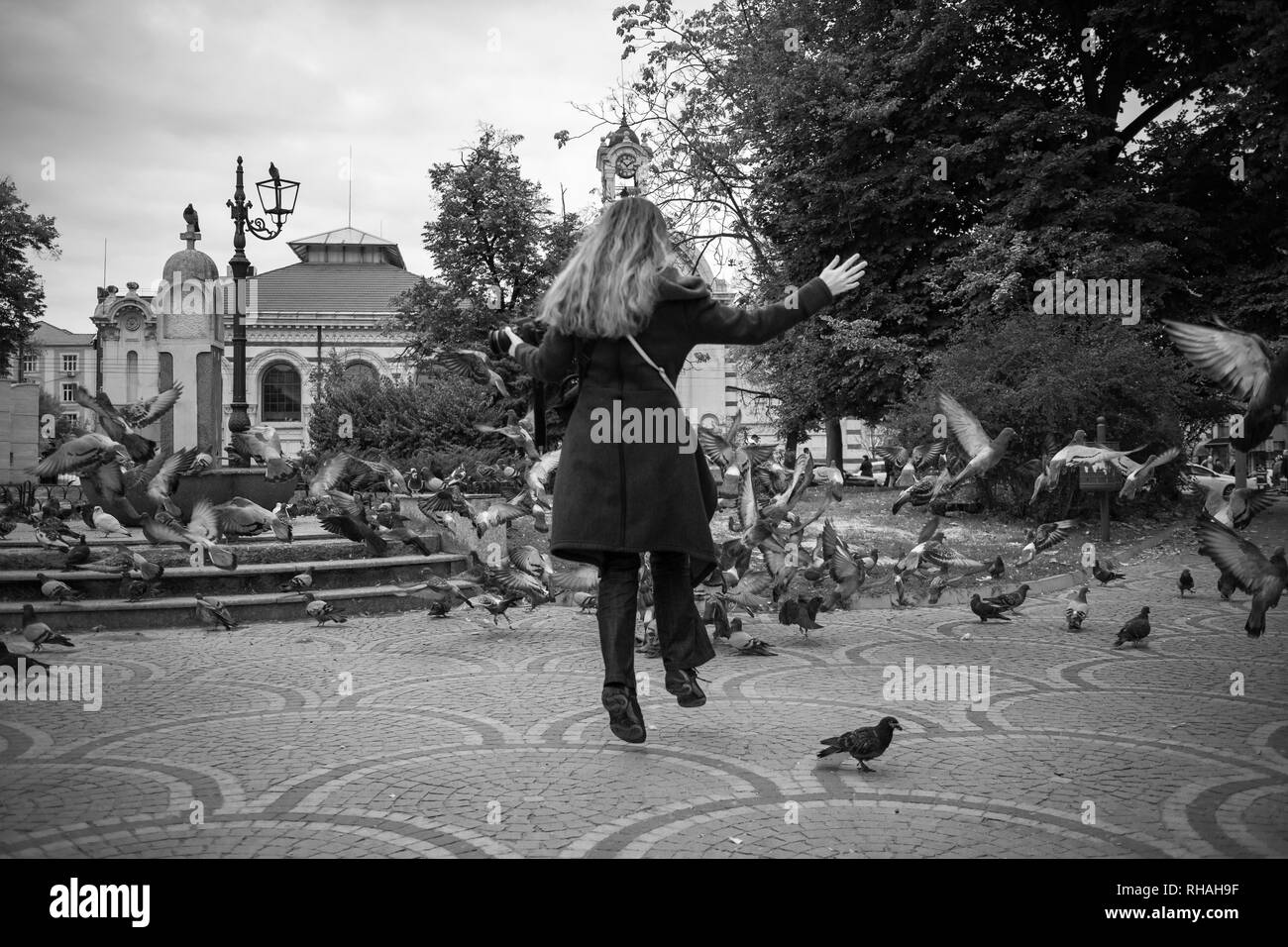 Photo en noir et blanc de belle fille holding photo reflex numérique qui est en cours de lecture et la poursuite de troupeau de pigeons à Sofia dans un jour d'hiver nuageux ville public sq Banque D'Images