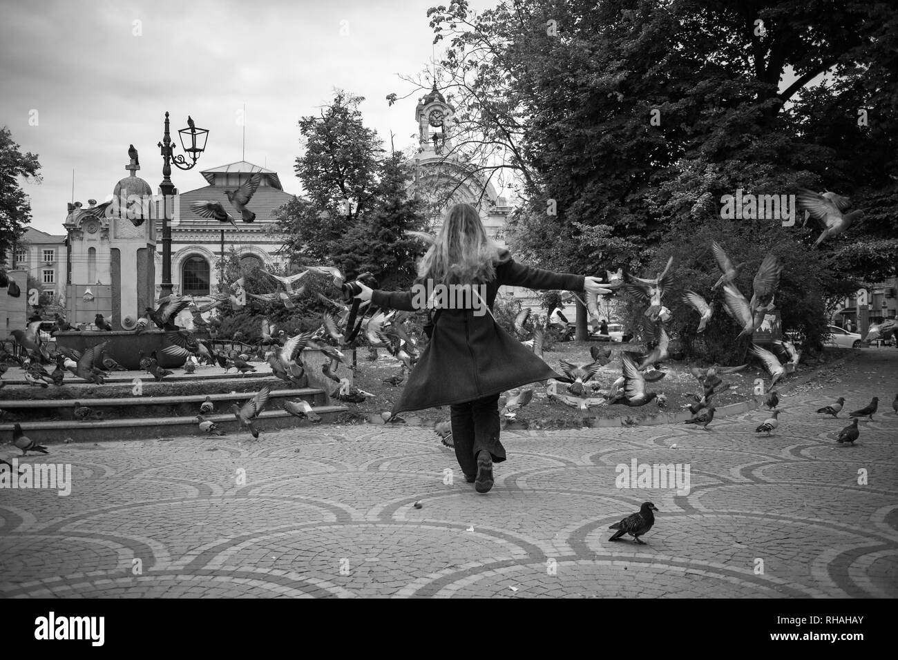 Photo en noir et blanc de belle fille holding photo reflex numérique qui est en cours de lecture et la poursuite de troupeau de pigeons à Sofia dans un jour d'hiver nuageux ville public sq Banque D'Images