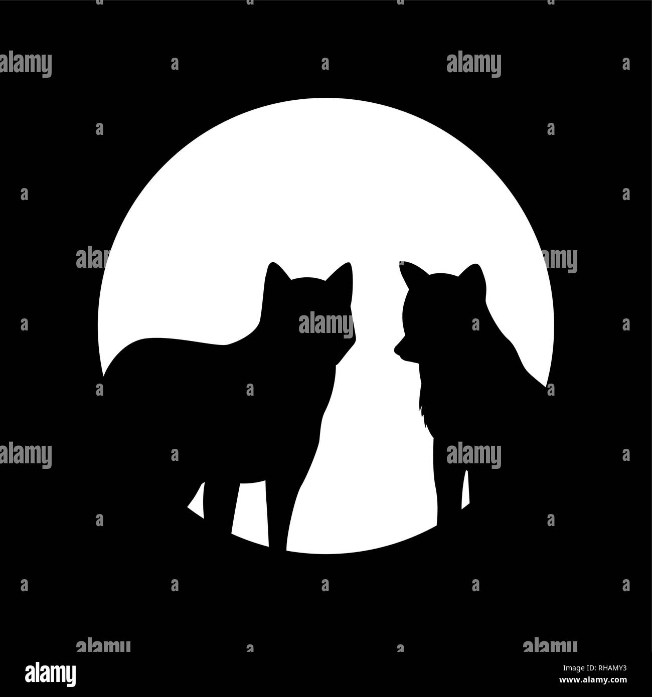 Deux loups et la pleine lune silhouette vector illustration EPS10 Illustration de Vecteur
