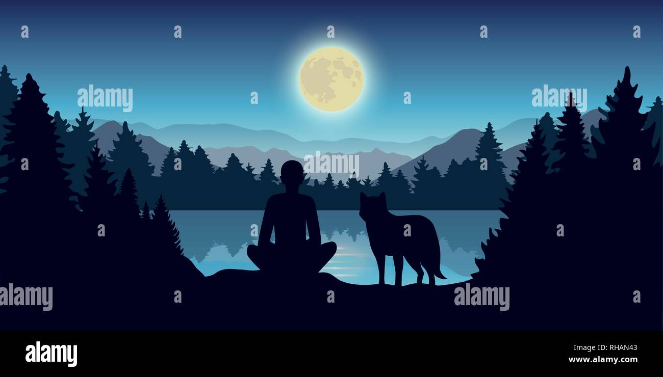 Personne et sont à la recherche de loup à la pleine lune dans la nature illustration vecteur EPS10 Illustration de Vecteur