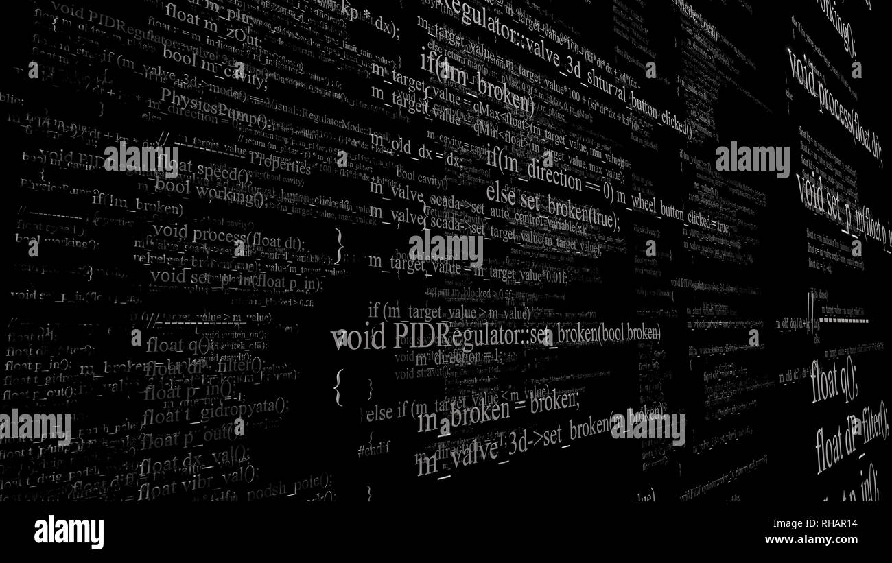 Le code source du logiciel. Couches de code de programme sur fond noir Banque D'Images